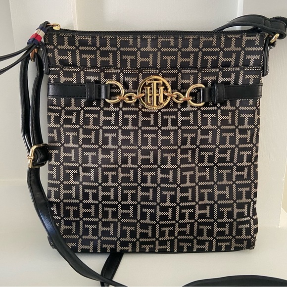 Tommy Hilfiger Monogram Black and Gold Patterned Crossbody Bag - Picture 2 of 13